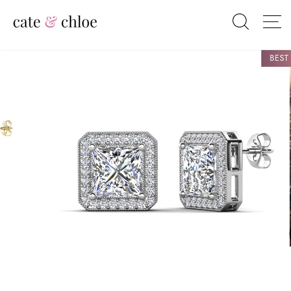 Norah 18k White Gold Plated Princess Cut Halo Stud Earrings /Simulated Diamonds